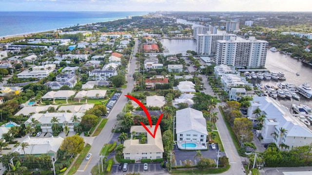 bird's eye view with a water view