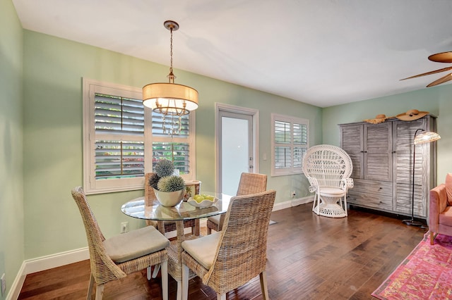 dining room featuring dark wood-type flooring and ceiling fan