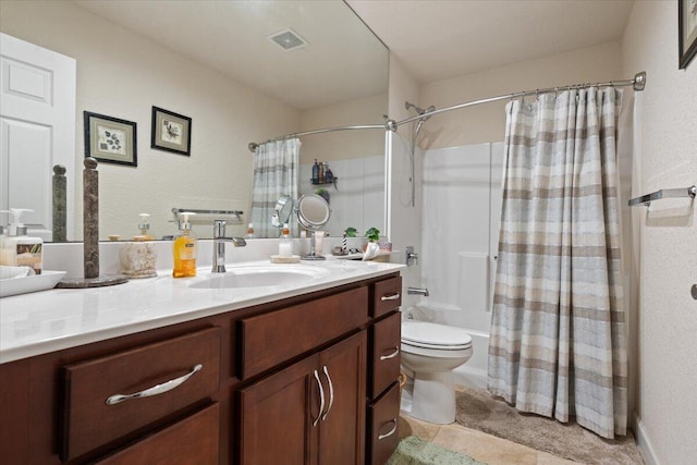 full bathroom featuring vanity, toilet, tile patterned floors, and shower / bath combo with shower curtain