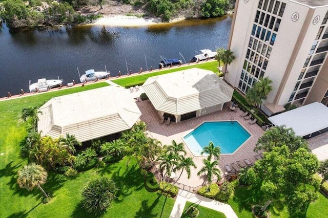 birds eye view of property featuring a water view