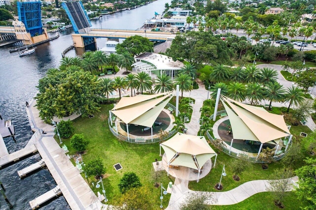 bird's eye view with a water view