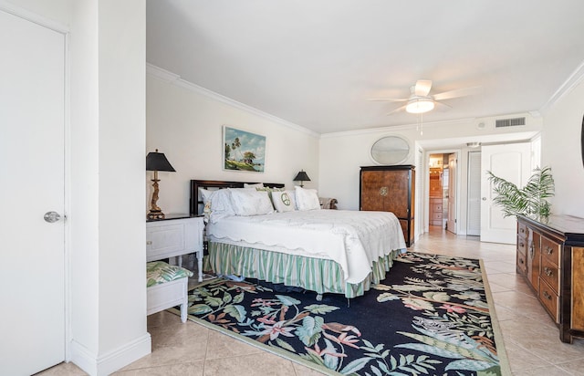 tiled bedroom featuring crown molding and ceiling fan