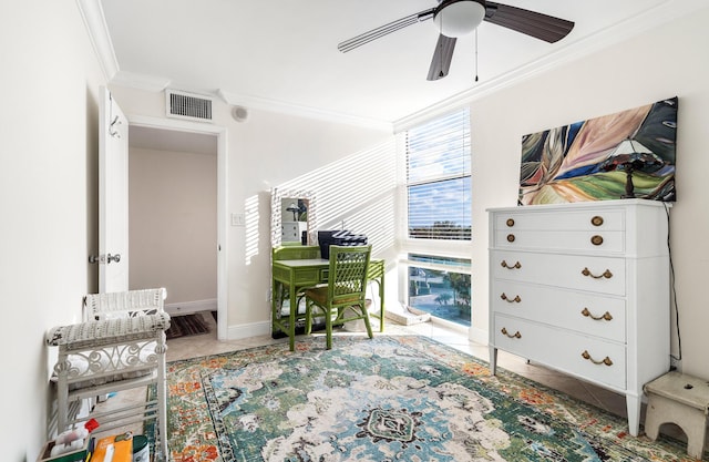 living area featuring light tile patterned floors, ornamental molding, and ceiling fan