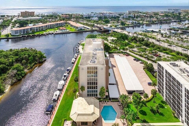 drone / aerial view featuring a water view