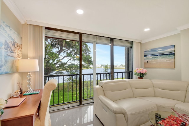 living room featuring crown molding and a water view