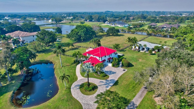 bird's eye view with a water view