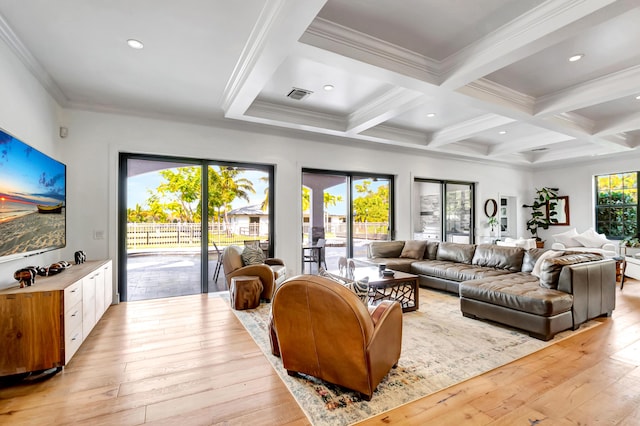 living room with a healthy amount of sunlight, beam ceiling, and light hardwood / wood-style flooring