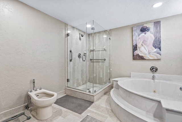 bathroom with a bidet and shower with separate bathtub