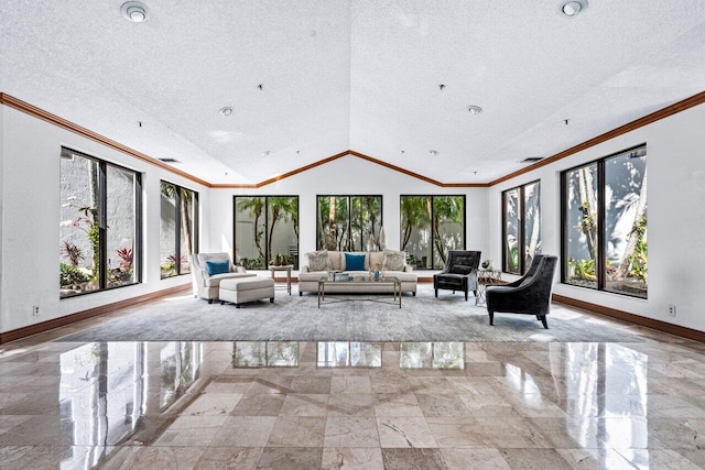 unfurnished living room featuring ornamental molding, lofted ceiling, and a textured ceiling