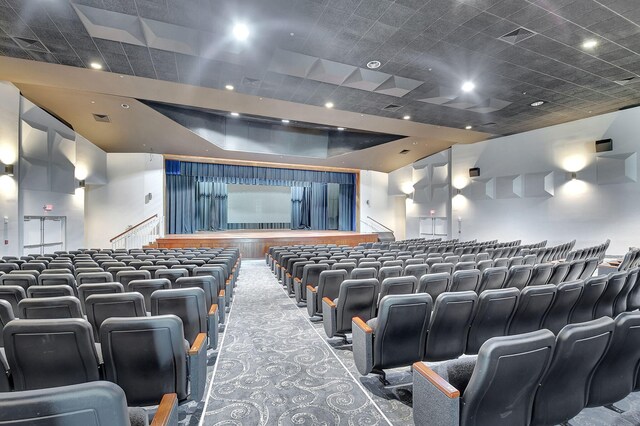 cinema room featuring carpet floors and a raised ceiling