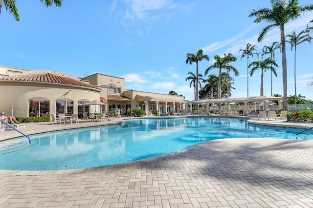 view of swimming pool with a patio