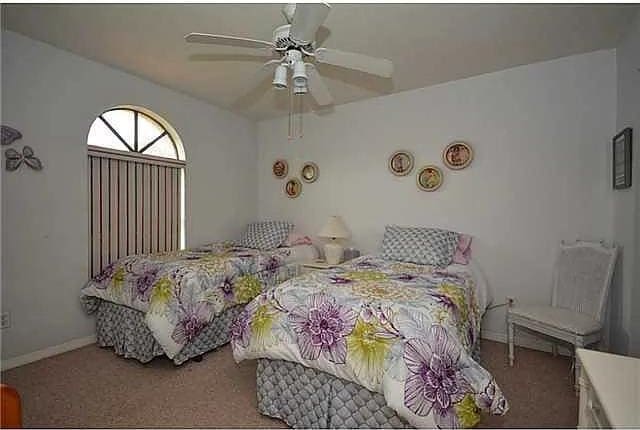 bedroom featuring ceiling fan and carpet flooring