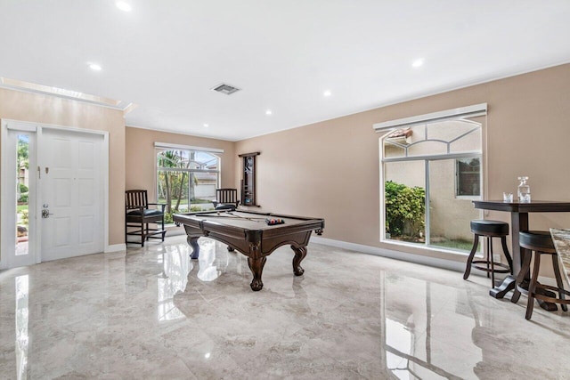 playroom featuring billiards and a healthy amount of sunlight