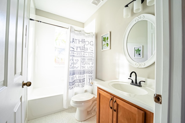 full bathroom with toilet, visible vents, speckled floor, shower / bathtub combination with curtain, and vanity
