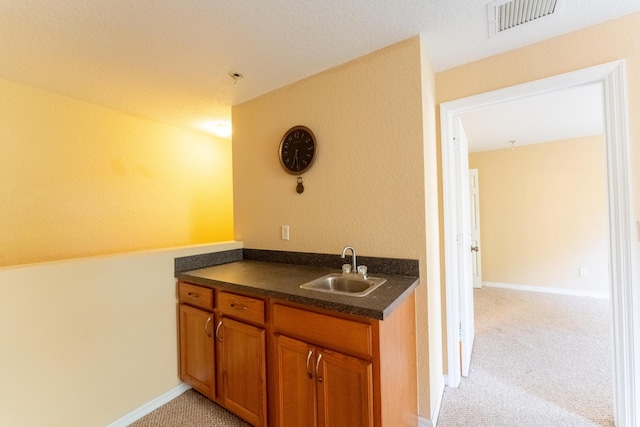 bar with visible vents, baseboards, light carpet, and a sink