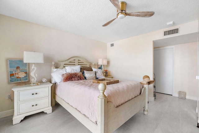 bedroom with a textured ceiling and ceiling fan