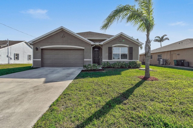 ranch-style house featuring a garage, driveway, a front lawn, and stucco siding