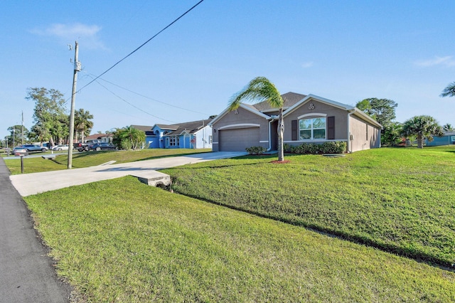 ranch-style home with an attached garage, driveway, a front yard, and stucco siding