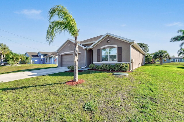 ranch-style home featuring driveway, a garage, a front lawn, and stucco siding