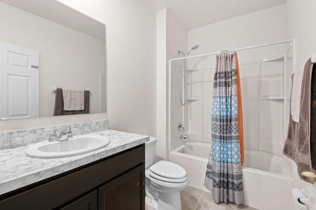 bathroom with toilet, tile patterned flooring, vanity, and shower / bathtub combination with curtain