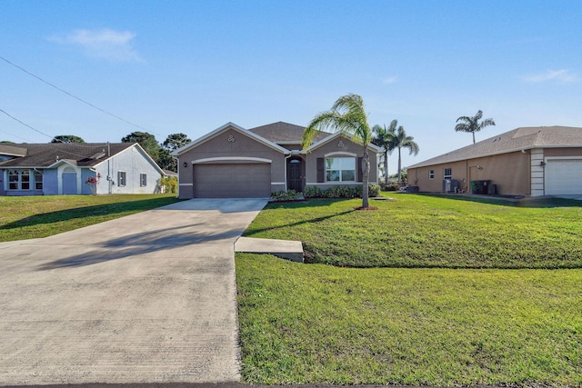 single story home with a garage, a front lawn, concrete driveway, and stucco siding