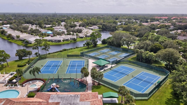 aerial view featuring a water view