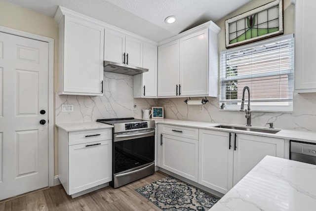 kitchen featuring sink, light hardwood / wood-style flooring, stainless steel appliances, light stone countertops, and white cabinets