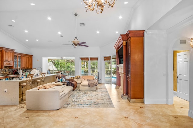 living room featuring high vaulted ceiling, ceiling fan with notable chandelier, and ornamental molding