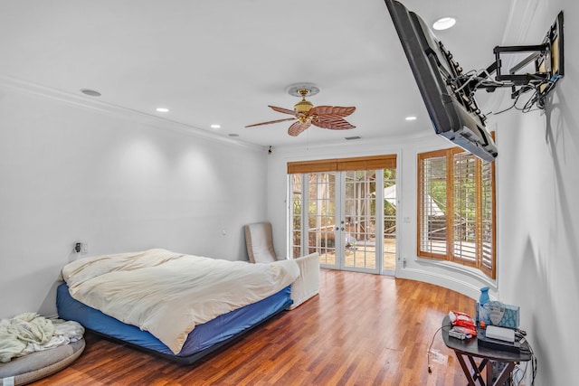 bedroom with french doors, ceiling fan, ornamental molding, and access to outside