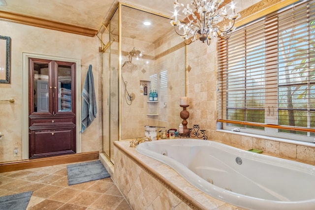 bathroom with independent shower and bath, crown molding, tile patterned flooring, and a wealth of natural light