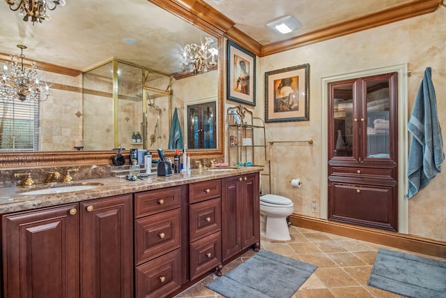 bathroom featuring walk in shower, toilet, a chandelier, ornamental molding, and vanity