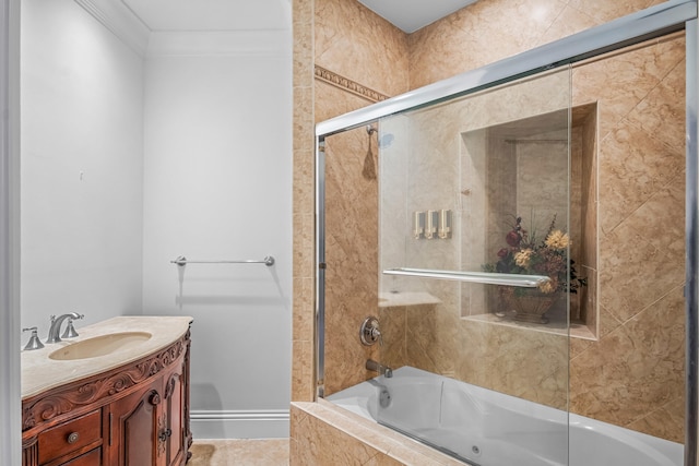 bathroom with vanity, crown molding, tile patterned floors, and combined bath / shower with glass door