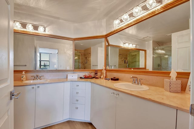 bathroom with vanity, wood-type flooring, and an enclosed shower