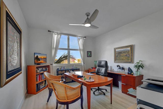 office featuring light hardwood / wood-style floors and ceiling fan