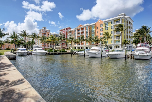 property view of water with a dock