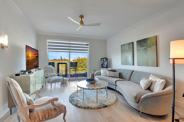 living room featuring ceiling fan, ornamental molding, and light wood-type flooring