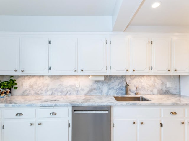 kitchen with white cabinetry, sink, decorative backsplash, and stainless steel dishwasher