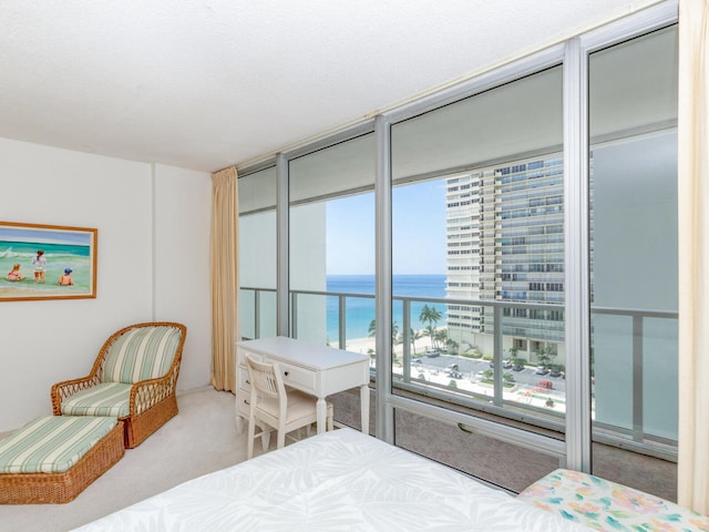 carpeted bedroom featuring floor to ceiling windows and a water view