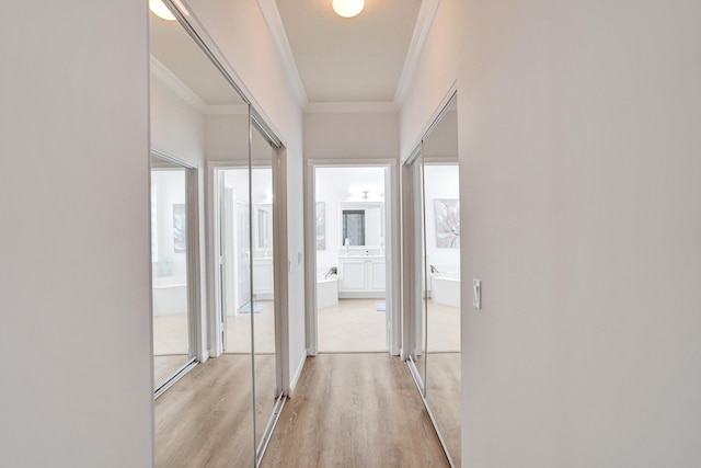 hallway featuring ornamental molding and light hardwood / wood-style floors