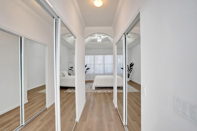 hall featuring crown molding and light wood-type flooring