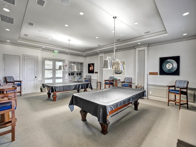 game room with french doors, carpet, pool table, and a tray ceiling