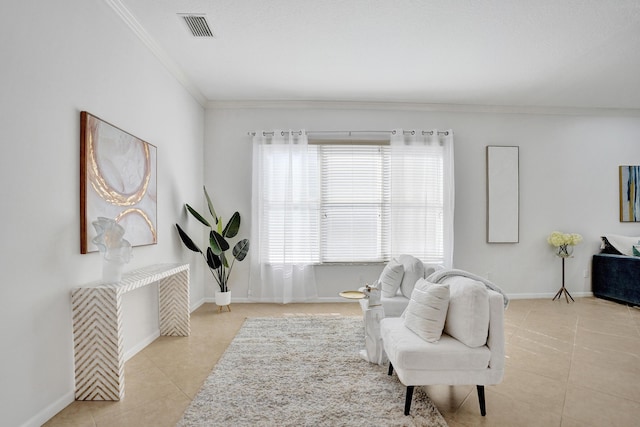 tiled living room with ornamental molding