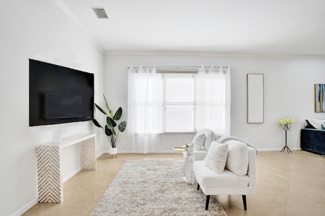 tiled living room featuring ornamental molding