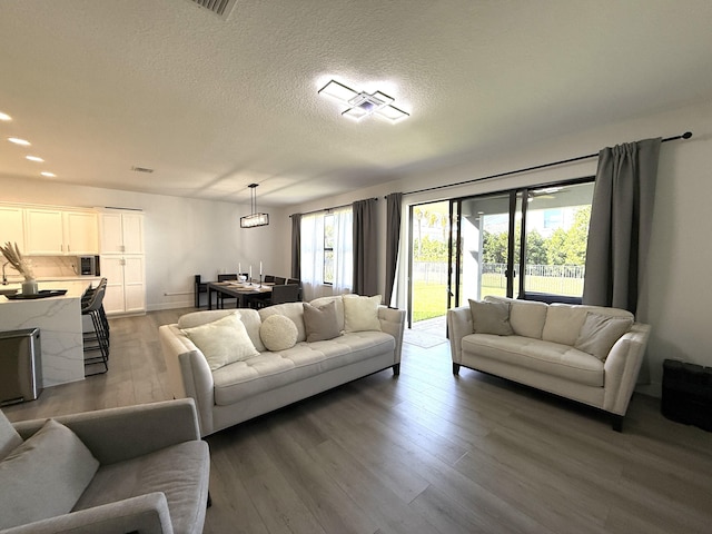 living room featuring dark hardwood / wood-style floors and a textured ceiling