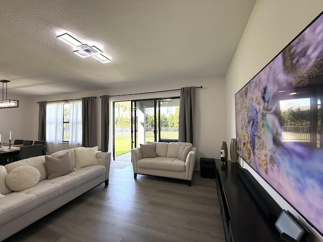 living room featuring dark hardwood / wood-style floors, a wealth of natural light, a notable chandelier, and a textured ceiling