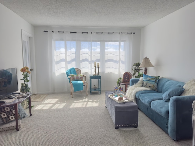 carpeted living room featuring a textured ceiling