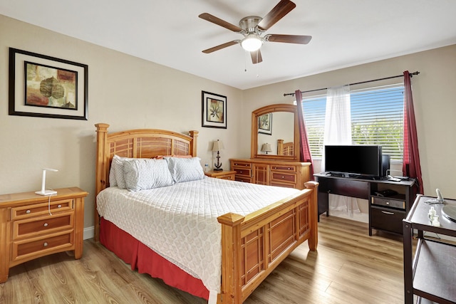 bedroom featuring ceiling fan and light wood-type flooring