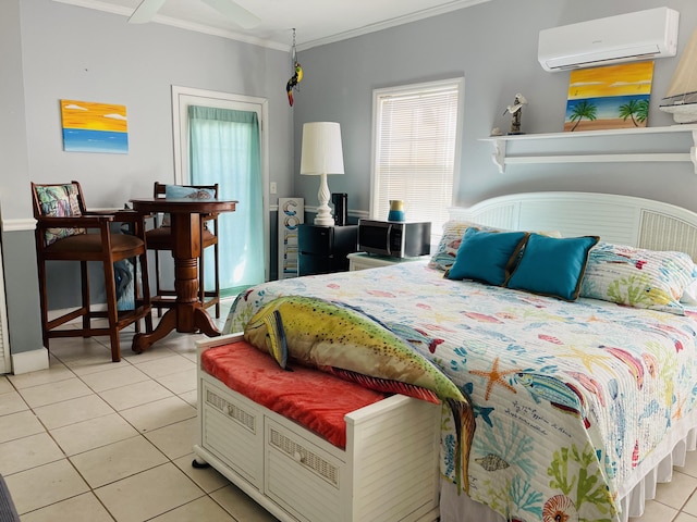 tiled bedroom featuring crown molding and a wall mounted AC