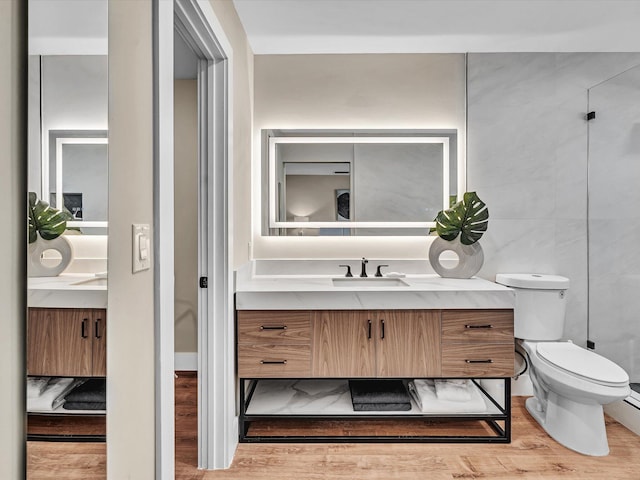 bathroom with vanity, hardwood / wood-style floors, tile walls, and toilet