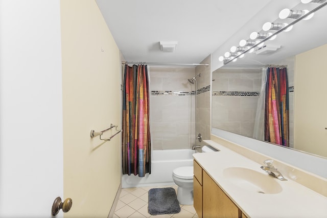 full bath with tile patterned flooring, shower / tub combo, toilet, and vanity